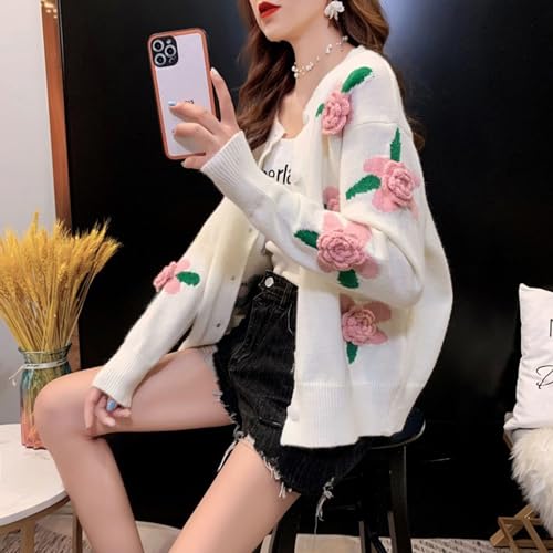 Image of FindThy Women's Kawaii 3D Floral Cardigan Long Sleeve Crewneck Knit Cardigan Sweaters