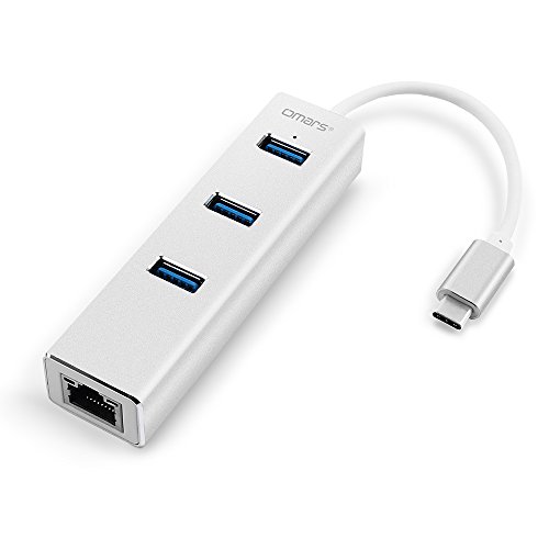 Omars 3-Port USB-C to USB 3.0 Aluminum Portable Data Hub 1000 Mbps 1 Gigabit Network Adapter Ethernet Port, Compatible MacBook Pro 2016, ChromeBook, XPS More (White)