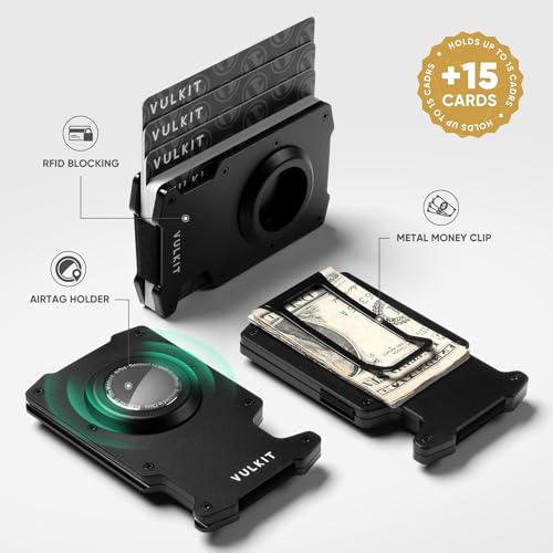 VULKIT Minimalist Slim Wallet for Mens with Money Clip- RFID Blocking with AirTag Holder Design Metal Wallet, Matte Black2