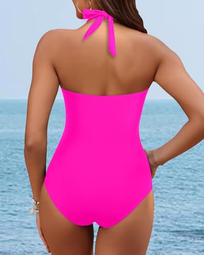 Image of Tempt Me Women Sexy Cutout One Piece Swimsuits Tummy Control High Waisted Halter Front Tie Knot Bathing Suit