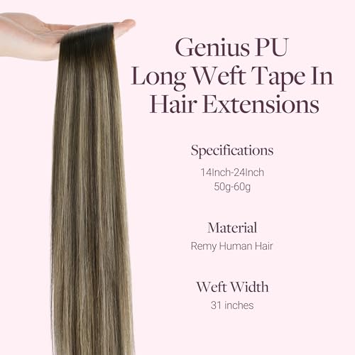 Image of GOO GOO Tape In Weft Hair Extensions Human Hair, Genius PU Long Weft Tape In Hair Extensions Real Human Hair, Silky Easy to Use, 4 /26 /4 Balayage Chocolate Brown to Honey Blonde 16 inch 50g