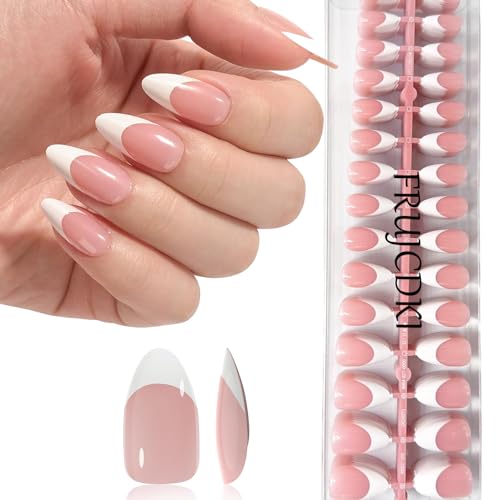 French Gel Nail Tips - French Tip Press on Nails Almond 3 in 1 X-coat Tips Pre-applied Tip Primer & Base Coat, No Need to File Fake Nails for Nail Art DIY (Brillante)
