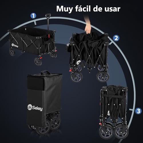 Miniatura 7 de Sekey Xxl Plus Carro Plegable Con Rueda Frenos 200l 200kg, Carrito Transporte Para Playa Camping Jardín, Patentado Plegable En Cuatro Direcciones Se4010, Negro Profundo