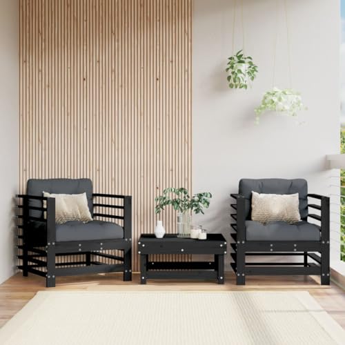 Homgoday Sillones de jardín con Cojines 2 uds Madera Maciza Pino Negro, Sillas de Jardín Sillón Terraza Balcón Patio Butaca Asiento Muebles Mobiliario Hogar Comedor Duradera Robusta Tipo 4
