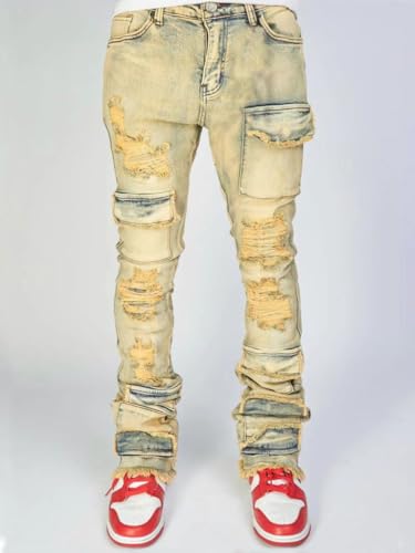 Mens Skinny Jeans Straight Leg Ripped Distressed Grunge Punk Rock Frayed Stacked Jeans4