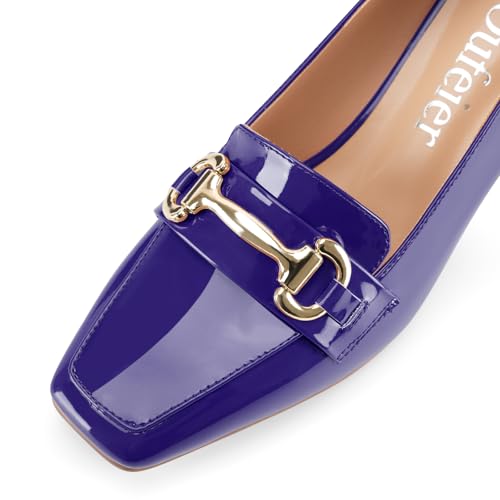 Image of Womens Mid Block Chunky Heeled Loafers Closed Square Toe Patent Leather Comfortable Slip On Pumps Metal Chain Basic Classic Casual Work Office Dress Shoes 2.8 Inches Heels