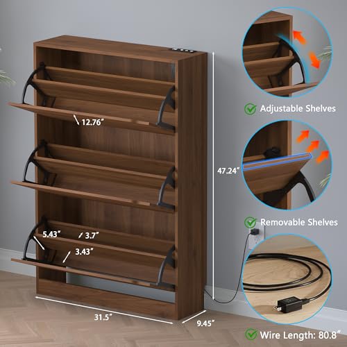 Image of BORNOON Shoe Cabinet with Odor Control and Back Panels, Deodorizing Slim 3-Flip Shoe Storage Cabinet for Entryway, Freestanding Hidden Shoe Rack Organizer for Entrance, Hallway, Bedroom