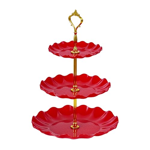 Soleebee 3-Tier Cupcake Stand, Wavy Plastic Tiered Serving Tray, Cup Cake Tower for Birthday Wedding Party Decoration, Cupcake Tier Stand Fruits Desserts Display (Red)