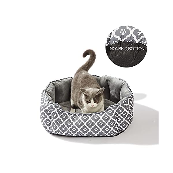 LUCKITTY Großes Katzenbett, 63.4 cm, weicher Samt und wasserdichtes Oxford-Kissen, ovales geometrisches Haustierbett für Indoor-Katzen oder kleine Hunde, graues Hunde-Fußabdruck-Muster – Bild 5