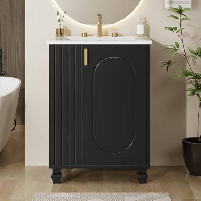 Modern 36 Bathroom Vanity with Sink, Wood Bathroom Vanities with 4 Drawers of Different Sizes, Soft-Closing Door, Open-Back Design, Metal Handles (White-39N)