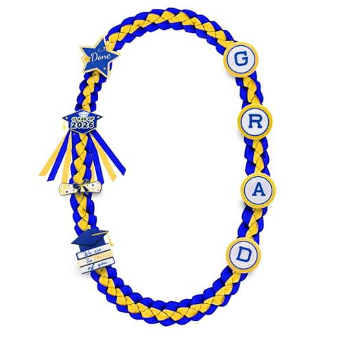 Image of Graduation Leis Class of 2026 Decorations, Handmade Double Braided Graduation Ribbon Leis with Glitter Pins for Him Her High School College Congrats Party Supplies (Blue & Gold)