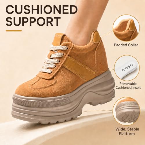 Image of Comfortable Women's Platform Sneakers, 5 Inch Heel Wedge Sneakers for Women, 12cm High Chunky Platform Shoes, Genuine Suede Leather Upper Casual Walking Shoes for Office Working Everyday wear