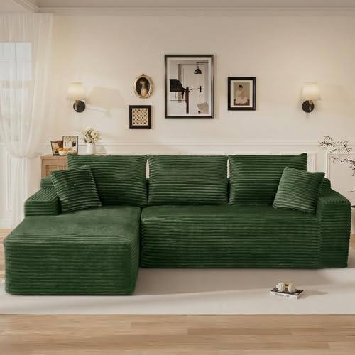 Image of 108 inch L Shaped Cloud Boneless Sectional Couches for Living Room, Modern Comfy Modular Deep Seat Memory Foam Compressed Corduroy Sofa Oversized Left Facing Chaise, No Assembly Required, Green