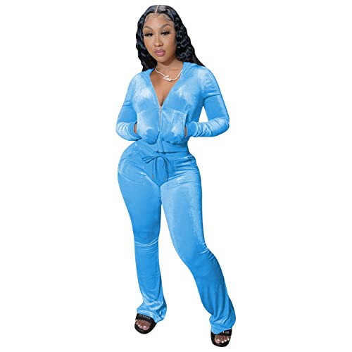 Womens Solid Color Velour Jogger Tracksuit Two Piece Outfits for Women, Long Sleeve Hooded Zip Up Crop Tops Jacket & Flared Elastic Pants Matching Set Casual Sportswear Jogging Sweatsuit with Pockets