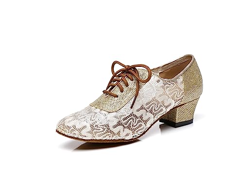ZHCRCfirm Low Heel Dance Shoes for Women with Closed Toe Mesh Lace up Ballroom Party Latin Salsa Tango Dance Practice Shoes Pale Gold US 8