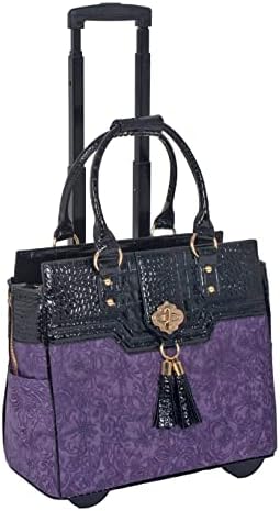 JKM and Company THE CONTESSA Purple & Black Alligator Faux Leather Compatible With Computer iPad, Laptop Tablet Rolling Tote Bag Briefcase Carryall Bag