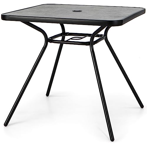 COSTWAY Mesa Jardin Exterior Cuadrada, Mesa Terraza Exterior 80 x 80 x 72,5 cm, Agujero para Sombrilla de 42 mm, Tablero de PVC Resistente a la Intemperie, Estructura de Metal