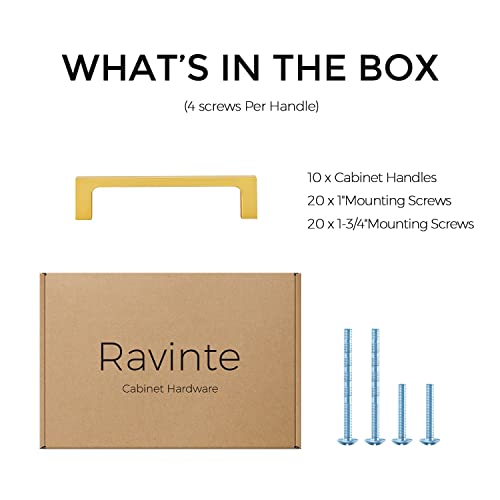 Image of Ravinte Brushed Brass Solid Pulls Cabinet Handles 4 Inch 10 Pack | Solid Zinc, Slim Design, Mounting Screws Included, Kitchen Cabinet Hardware, For Cupboards, Dressers, Drawers