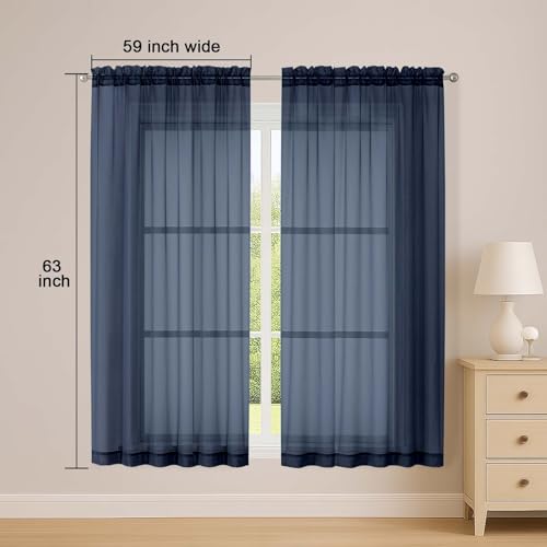 Image of OWENIE Sheer Navy Blue Curtains, Sheer Curtains 63 inch Length 2 Panels Set, Rod Pocket Voile Fimly Sheer Drapes for Living Room Bedroom, 2pcs, Navy Blue, Each 59 inch W x 63 inch L
