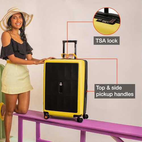 Image of Nasher Miles Zanzibar TSA Lock Hard-Sided Polycarbonate 8 Wheels Double Spinner Check-in Luggage Black Yellow 28 inch |75cm Trolley Bag| Suitcase,Large