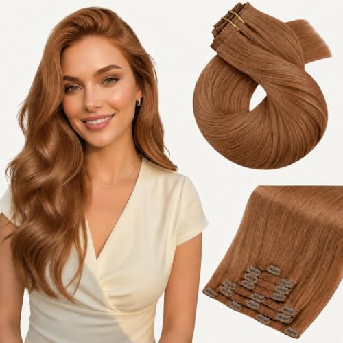 Image of Moresoo Copper Clip in Human Hair Extensions, 14inch Seamless PU Skin Weft