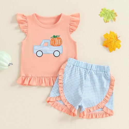 Rtnnsbbfcm Toddler Baby Girl Halloween Outfit Pumpkin Embroidery Fly Sleeve T-shirt Top Plaid Shorts 2Pcs Set2