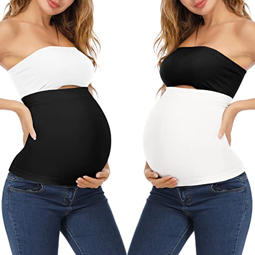 KIM S Maternity Belly Band Maternity Clothes Pregnancy Support Band Belly Button Maternity Pants Extenders Pregnant Belly Pregnancy Belly Support Band Pregnancy Belt Black White 2