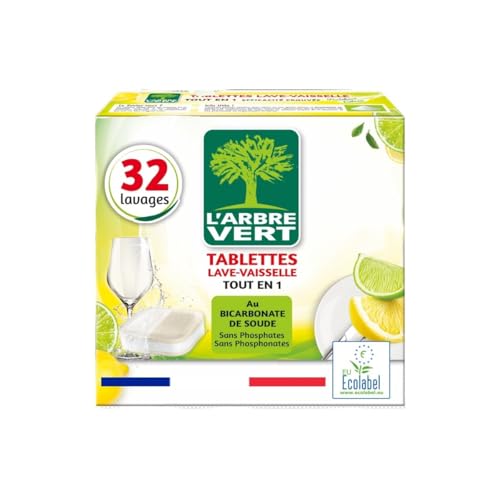 L'Arbre Vert Tablettes Lave Vaisselle Tout En 1 Citron - Ecolabel - 91% d'ingrédients d'origine naturelle - 32 Doses