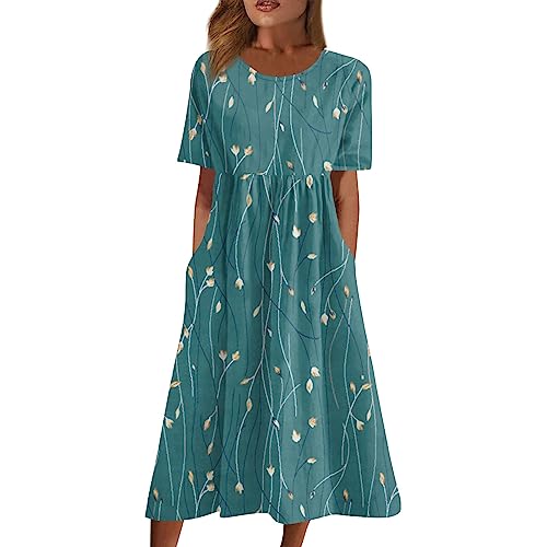 Generisch Kleider Kaufen Günstig,Kleider Damen Sommer Große Größen Cute Summer Dress Damen Sommerkleid Mit Blumendruck, Kurzarm, Rundhals, Knielang, Freizeitkleid Mit Taschen, Boho Stil （Grün，S）
