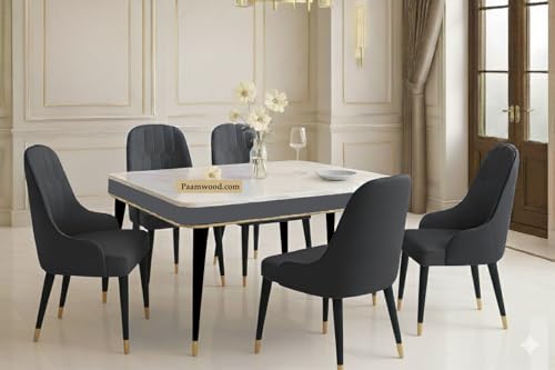 Image of Swiss Modern Dining White Marble Top Table Set with Sheesham Wood Legs, 6 Seater with Upholstered Chairs (71x36x30 Inches) (Black)