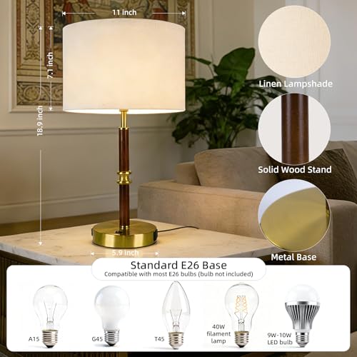 Image of Table Lamp for Bedroom with USB & AC Outlet, Bulb Not Included | 19.3 inch Wood & Metal Mid Century Lamps Table Lamp for Living Room,Bedside Table Lamp with Linen Shade, Weighted Base,Home Decor