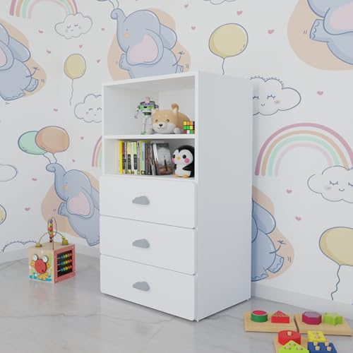 Image of VIKI Kids Wardrobe Almirah - Storage Cabinet with 3 Drawers & Open Shelf for Bedroom, White (40x60x102 cm) | 1 Year Warranty