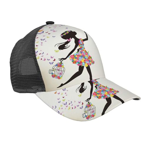 KAPPTYY Baseballkappe für Mädchen, Tanz, Schmetterlings-Druck, 1 Stück, Golfmütze, verstellbar, atmungsaktiv, Ballkappe für Männer und Frauen, Netzrücken, Schwarz , Einheitsgröße