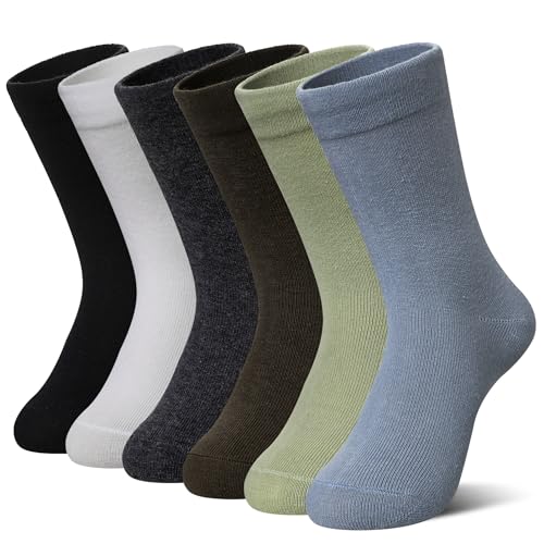 AMENLAN Kids Crew Cotton School Socks Youth Cute Casual Breathable Little Girls Boys Dress Socks 6 Pairs (Black/Blue 6-8 Years)