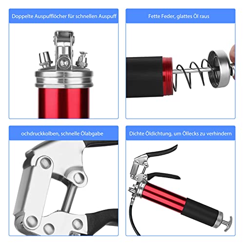 Foto von MorNon Fettpresse 6000PSI Einhand Fettpresse Ergonomischer Rutschfester Pistolengriff mit 12.8Zoll Flexiblem Schlauch Hochleistungs Fettpresse für 400ML Standard Fettkartusche und Schüttfett (Rot)