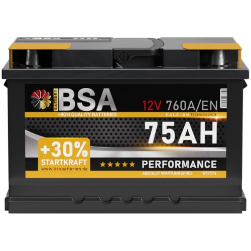 BSA Autobatterie 75Ah 12V 760A/EN +30% Startleistung Starterbatterie Batterie ersetzt 74Ah 70Ah 72Ah 77Ah für PKW
