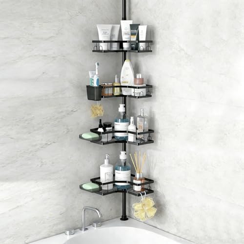 IOUGDSEC Barra de tensión para ducha de esquina, estantes organizadores de baño inoxidables de 4 niveles, soporte ajustable para baño, accesorios de almacenamiento de baño impermeables para bañera