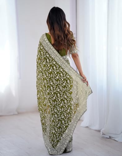 Image of SIRIL Women's Georgette Embroidery Saree With Unstitched Blouse
