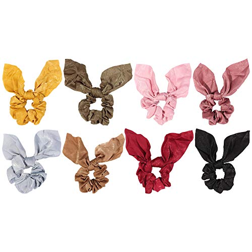 FOVIUPET 8 Pack Hair Scrunchies, Soft Elastic Scrunchy Bobbles, Hair Ties With Ribbon, For Girls Women (4.3''Neon Color With Ribbon)