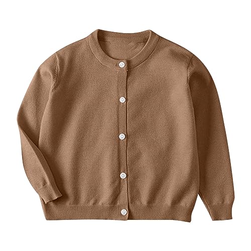 Cárdigan escolar para niñas, ligero, con botones, antibolitas, para niños de 1 a 7 años, suéter elástico de jacquard de algodón, ropa de punto inteligente, uniforme escolar para otoño e invierno, Café