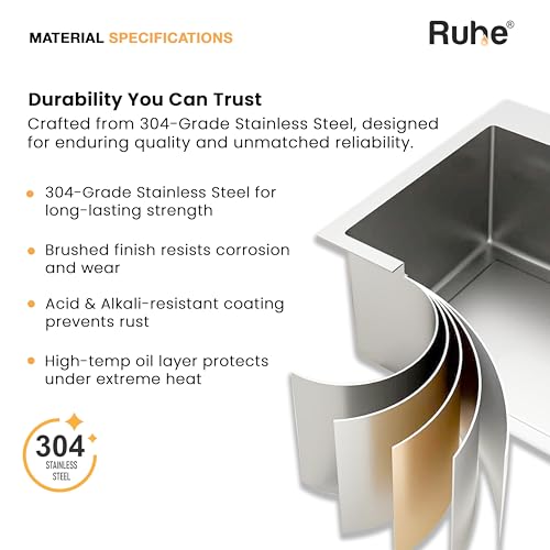 Image of Ruhe Handmade Double Bowl Kitchen Sink - 37x18x10 inches | 304-Grade Stainless Steel Sink | Brushed Matte Finish | Including Couplings, Waste Pipe, Sink Connector & Vegetable Washing Basket
