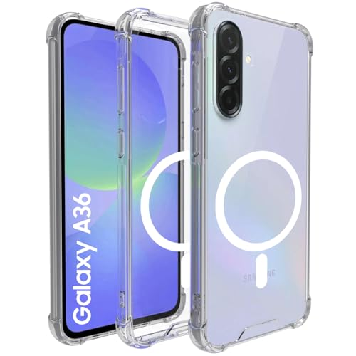 Image of RIGGEAR Shockproof Clear Hybrid Airbag Armor Magnetic Back Cover Case Compatible with MagSafe Accessories for Samsung Galaxy A36 5G (Clear PC+ Transparent TPU Bumper)