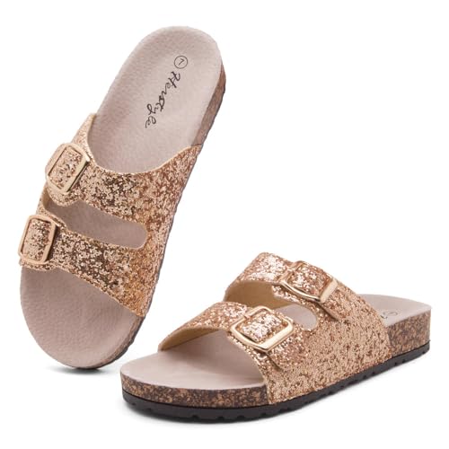 Herstyle 172785 Softey Womens Flat Sandals Cork Footbed Slides Open Toe Slip On Slipper 2 Straps Flat Sandals With Adjustable Buckle Black Gold Silver Slides For Summer Vacation,1836Rosegoldglitterr,Size10.0 thumb #1