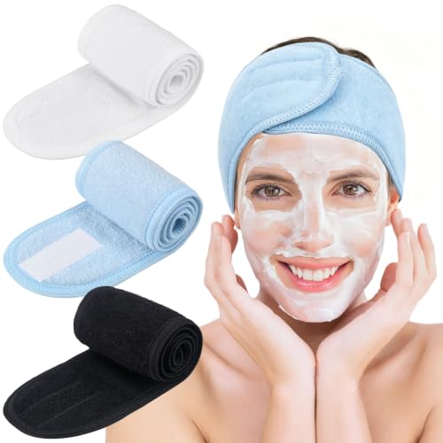 Image of Whaline 3Pcs Spa Facial Headbands Make Up Wrap Head Terry Cloth Headband Soft Adjustable Towel Band for Face Washing Shower Facial Cover Yoga (White, Black, Light Blue)