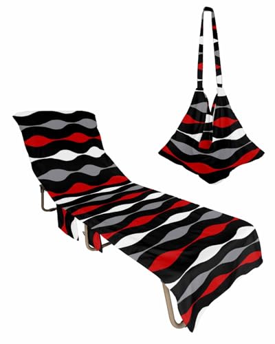 Red Black Stripe Beach Chair Cover with Side Pockets, Microfiber & Quick Dry Pool Chaise Lounge Chair Towels Covers for Sun Sunbathing Patio Garden Hotel, Boho Grey White Bohemian Modern Geometric
