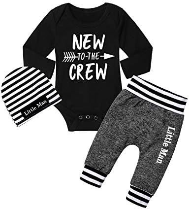 Fommy Baby Boy Clothes 0-3 Months New to The Crew Long Sleeve Romper+ Cotton Pants+Hat 3PCS Outfits