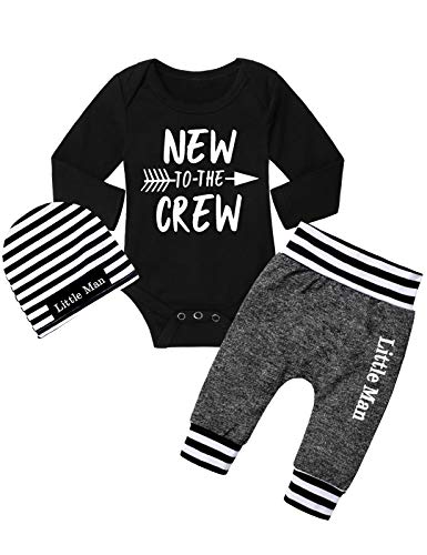 Fommy Baby Boy Clothes 0-3 Months New To The Crew Long Sleeve Romper+ Cotton Pants+Hat 3Pcs Outfits #TOP2
