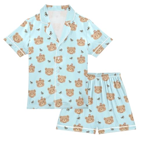 Cute Brown Bears Blue Print Summer Satin Pajama Set, Cute Button-Down Sleepwear Pj Set for Sleep Wears