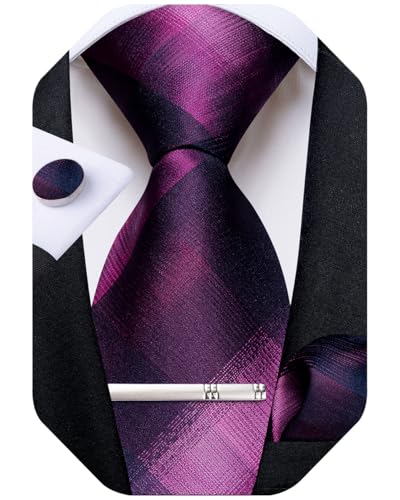 Image of DiBanGu Plaid Ties for Men Silk Checkered Necktie and Pocket Square Cufflinks Tie Clip Set with Gift Box for Wedding Business
