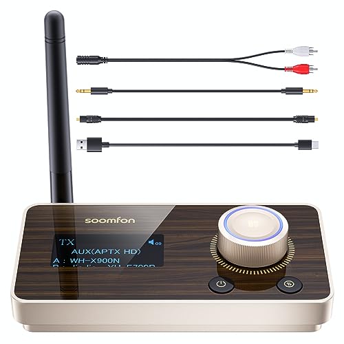 SOOMFON Bluetooth 5.2 Transmitter Receiver aptX Low Latency/HD, Long Range Audio Bluetooth Adapter Dual Pairing TV Bluetooth Transmitter for Headphones, Home Stereo System (Optical, AUX, RCA)